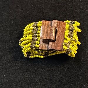 Yellow Beaded Bracelet with Wooden Clasp